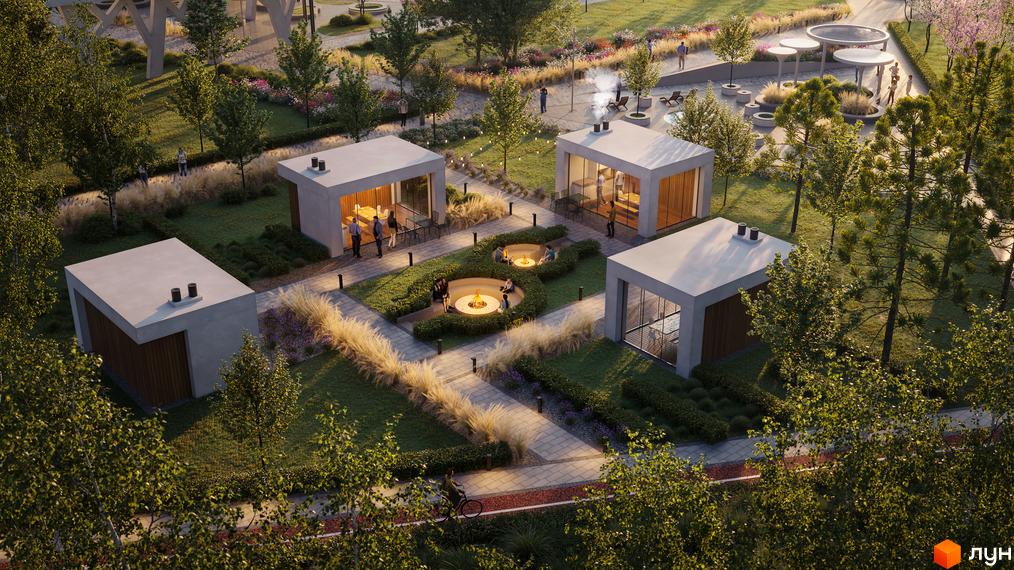 Житловий комплекс PARK ROYAL: міні-будиночки з панорамними вікнами та зона відпочинку з каміном. Навколо зелена територія з деревами та доріжками.