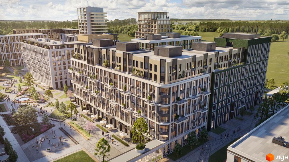 Житловий комплекс PARK ROYAL з багатоповерховими будинками та зеленою прибудинковою територією з зонами відпочинку.