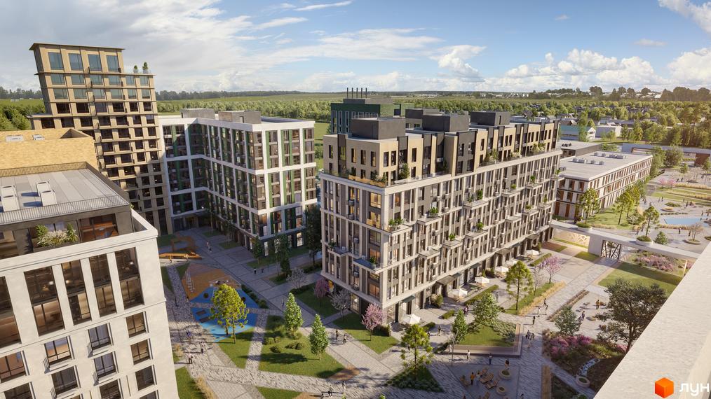 Житловий комплекс PARK ROYAL з багатоповерховими будинками та доглянутою прибудинковою територією з зонами відпочинку та дитячими майданчиками.
