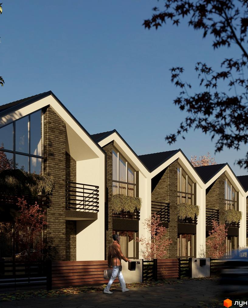 Зовнішній вигляд котеджного містечка КМ Linden Park: сучасні будинки з цегляним фасадом, великими вікнами та балконами. Прибудинкова територія з деревами та парканом.