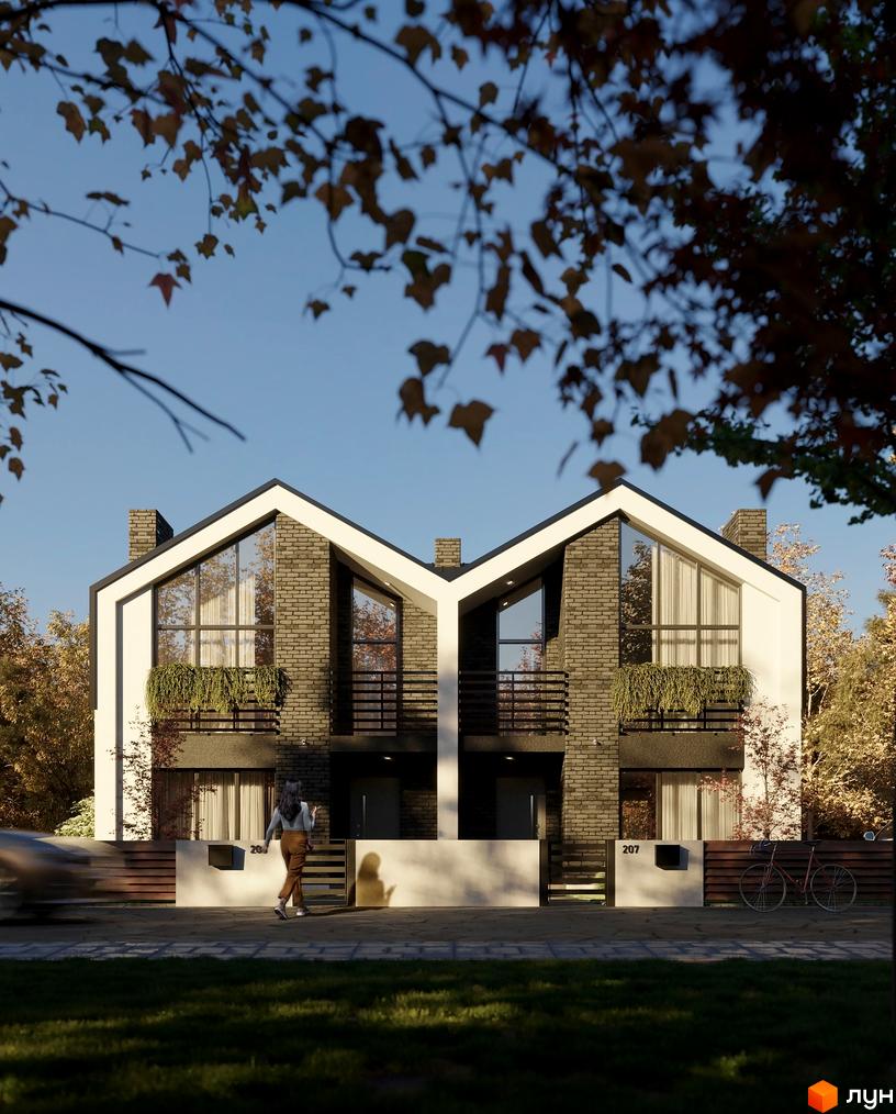 Котеджне містечко Linden Park: два двоквартирні будинки з цегляним фасадом, великими вікнами та балконами. Поруч дорога, тротуар, зелена зона та паркан.