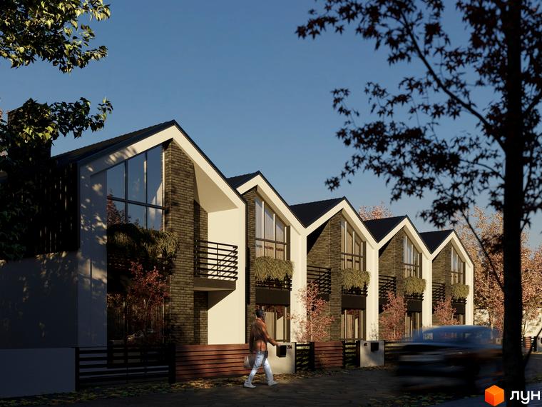 Котеджне містечко КМ Linden Park: фасади будинків з темної цегли та білої штукатурки, великі вікна, балкони з рослинами. Прибудинкова територія з деревами та дорогою.