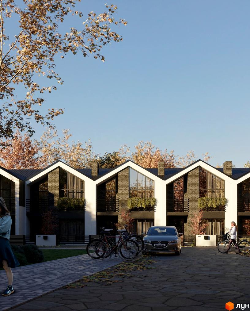 Котеджне містечко Linden Park: фасади будинків з темної цегли та білої штукатурки, трикутними дахами, балконами з зеленню. Прибудинкова територія з доріжками, деревами та автомобілем.