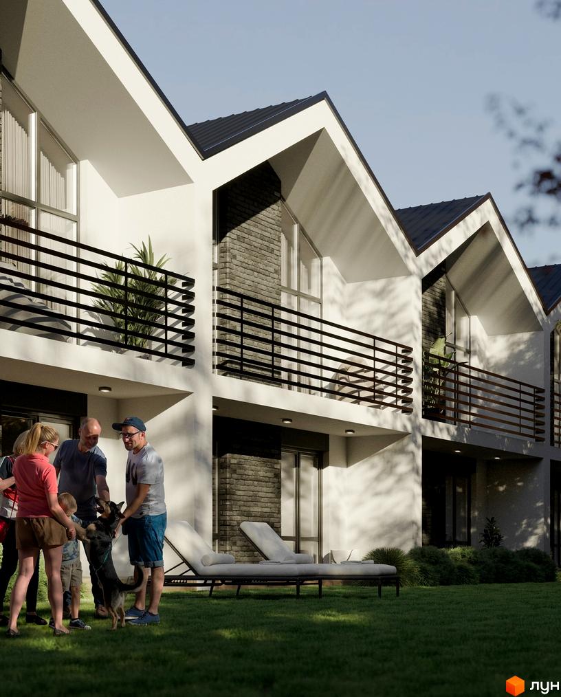 Котеджне містечко КМ Linden Park: фасади будинків з великими вікнами та балконами, зелена галявина з шезлонгами та сім'єю.