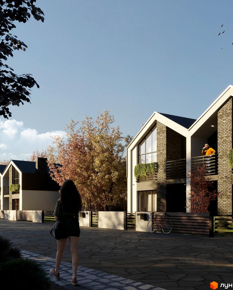 Котеджне містечко КМ Linden Park: двоповерхові будинки з цегляним фасадом та великими вікнами, прибудинкова територія з деревами та велосипедом.