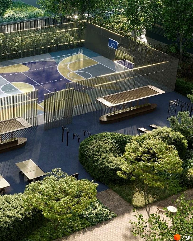 Котеджне містечко KM Linden Park: баскетбольний майданчик та зелена зона відпочинку. Сучасна територія комплексу з місцями для спорту та релаксу.