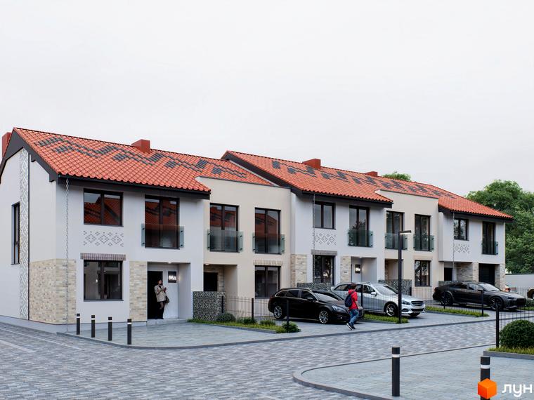 Котеджне містечко КМ Етнія: фасади будинків з червоною черепицею та оздобленням з каменю, прибудинкова територія з паркуванням та зеленими насадженнями.