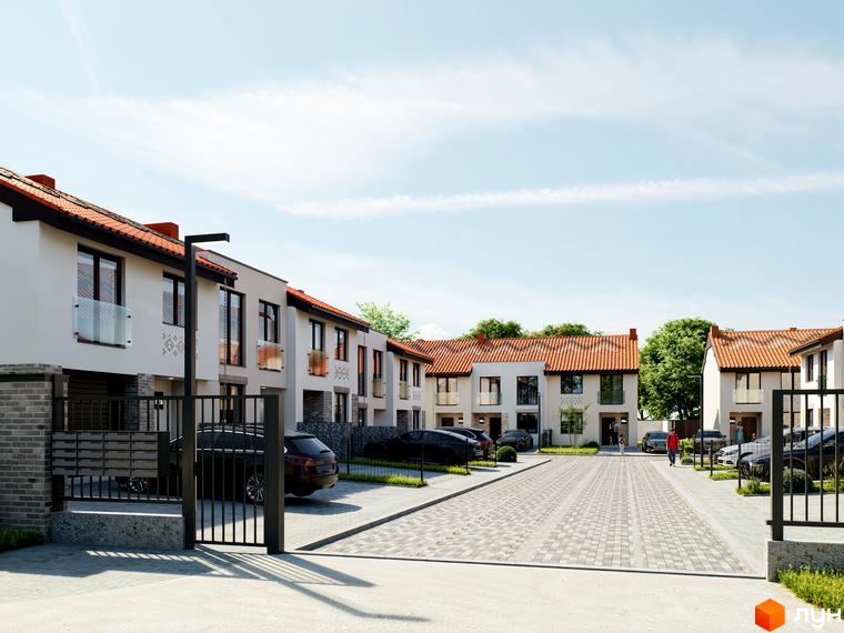 Котеджне містечко КМ Етнія: білі двоповерхові будинки з червоними дахами, впорядкована прибудинкова територія з парковкою та зеленими насадженнями.