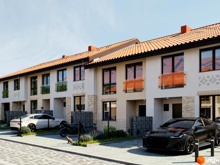 Котеджне містечко КМ Етнія: фасади будинків з червоною черепицею та скляними балконами, прибудинкова територія з автомобілями та мотоциклом.