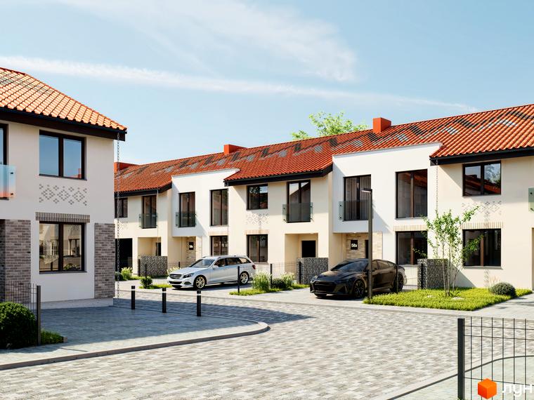 Котеджне містечко КМ Етнія: фасади будинків з червоною черепицею та прибудинкова територія з автомобілями. Новобудова в містечку котеджів.