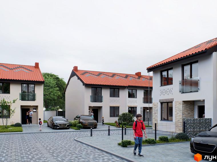 Котеджне містечко КМ Етнія: фасади будинків з червоною черепицею та скляними балконами, вимощені дворики з автомобілями та зеленими насадженнями.