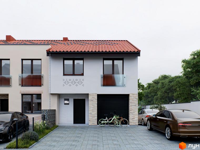 Котеджне містечко Етнія: двоповерховий будинок з червоною черепичною кришею, балконами та гаражем. Прибудинкова територія з паркуванням та зеленими насадженнями.