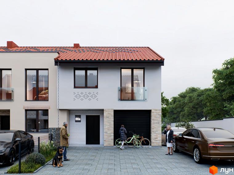 Фасад двоповерхового будинку Котеджного містечка Етнія з червоною черепицею та темними вікнами. На подвір'ї бруківка, автомобілі та люди.