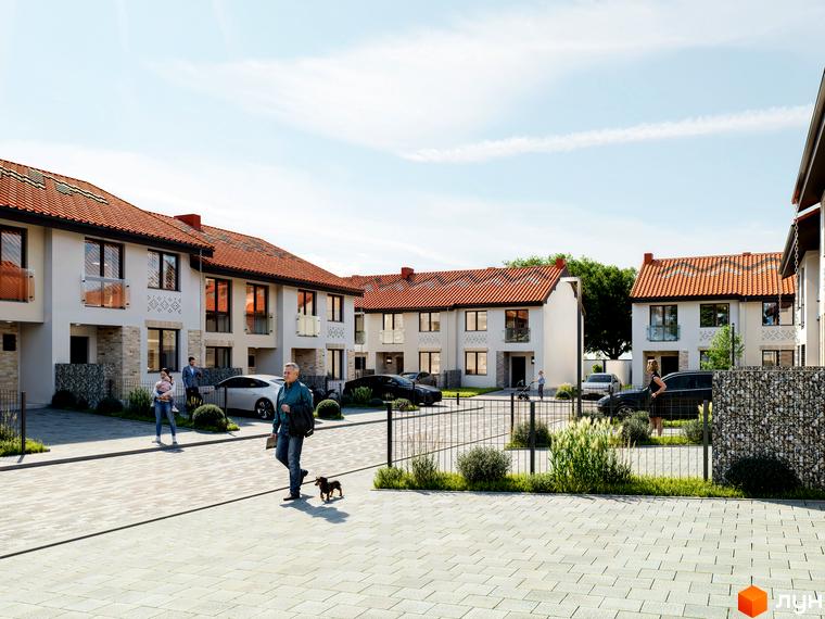 Котеджне містечко Етнія: двоповерхові будинки зі світлими фасадами, червоними черепичними дахами. Прибудинкова територія з пішохідними доріжками та зеленню.