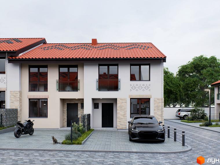 Котеджне містечко Етнія: двоповерхові будинки з червоною черепицею, світлими фасадами та бруківкою. На території є парковка та зелені насадження.