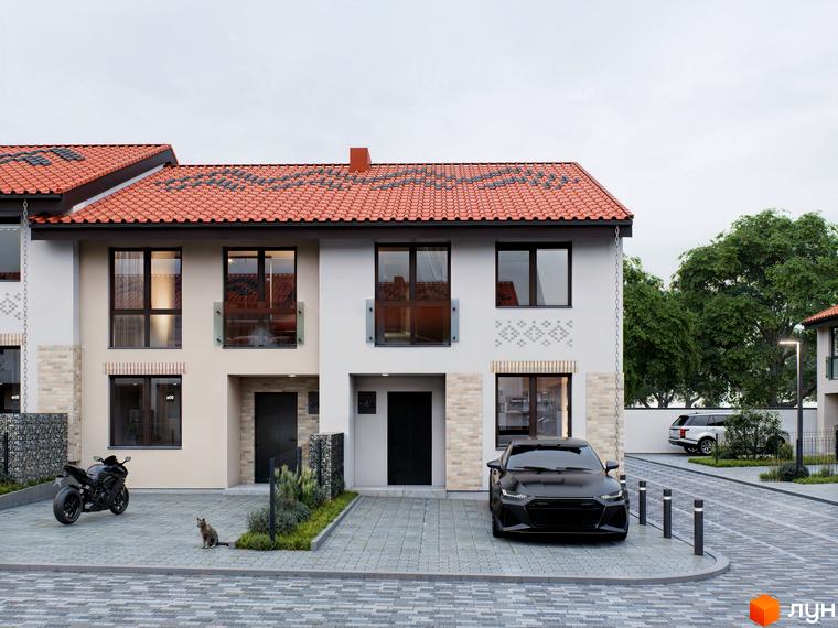 Двоповерхові будинки Котеджного містечка Етнія з червоними черепичними дахами та світлими фасадами. Прибудинкова територія має бруковані доріжки та озеленення.