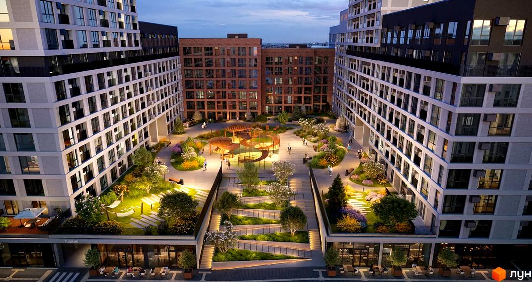 Житловий комплекс Свідомі: багатоповерхові будинки зі світлими фасадами. Озеленений внутрішній двір з доріжками, дитячим майданчиком та зонами відпочинку.