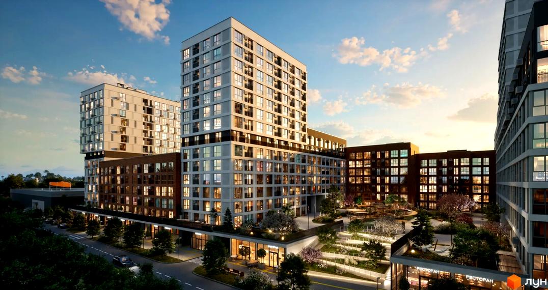 Житловий комплекс Свідомі: високі будинки зі світлими фасадами та великими вікнами. Озеленена прибудинкова територія з комерційними приміщеннями.