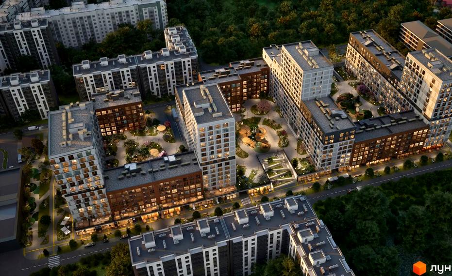 Житловий комплекс Свідомі з висотними будинками світлих та темних відтінків, що оточують зелені внутрішні двори з дитячими майданчиками та зонами відпочинку.