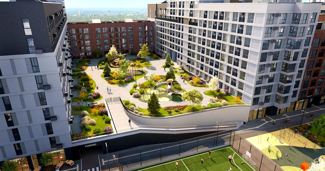 Житловий комплекс Свідомі: багатоповерхові будинки світлих та цегляних відтінків, зелений двір з дитячими майданчиками та доріжками.