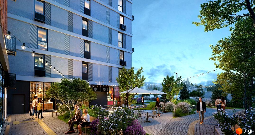 Житловий комплекс Свідомі: багатоповерховий будинок зі світлим фасадом, поруч доріжки, дерева та зони відпочинку з людьми.