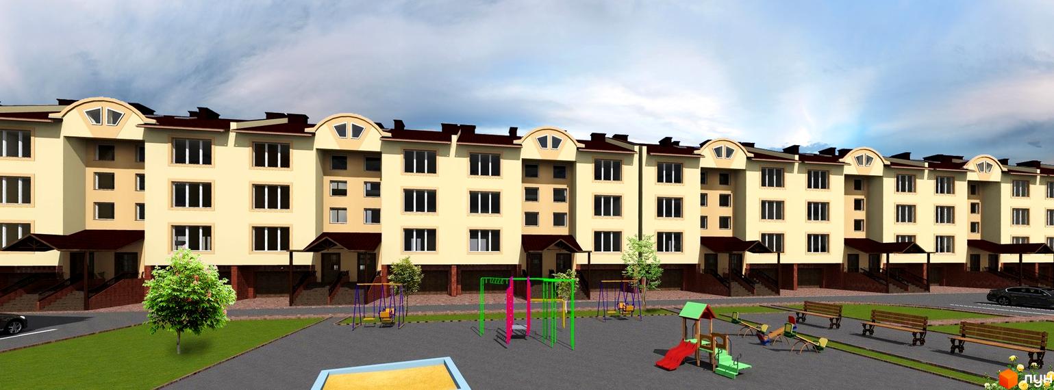 Житловий комплекс на вул. Львівська-Проектована, 1 з бежевими фасадами та коричневими дахами. На території розташований дитячий майданчик, лавки та зелені насадження.