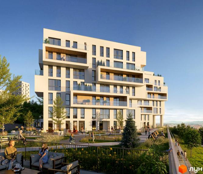 Житловий комплекс Lennona Residents: багатоповерховий будинок з терасами. Прибудинкова територія з зеленими насадженнями, дитячим майданчиком та зонами відпочинку.