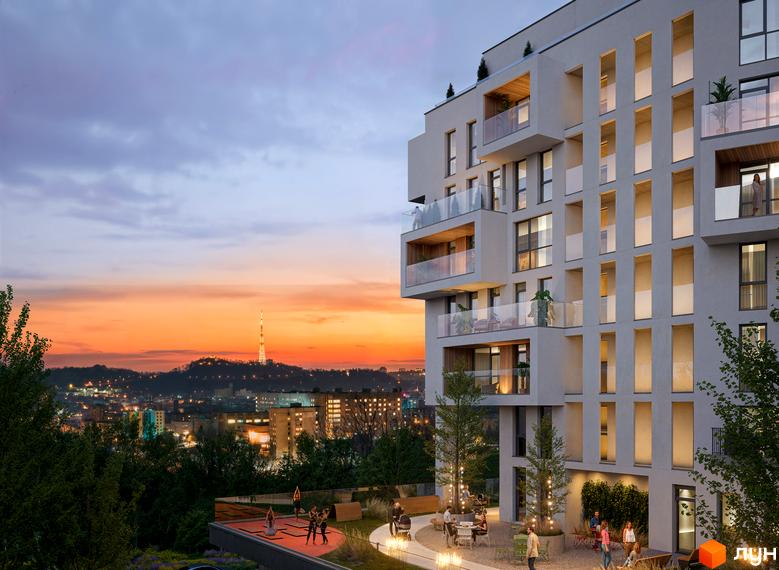 Фасад Житлового комплексу Lennona Residents з балконами та скляними поручнями. На прибудинковій території облаштовані зони відпочинку та майданчик для йоги.