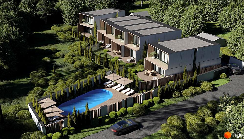 Таунхауси Levada Pool deLuxe home з сірими фасадами та дерев'яними балконами. На території є басейн, зона відпочинку та зелені насадження.