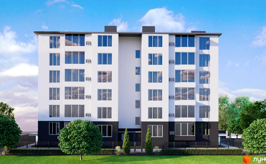 Фасад Житлового комплексу Comfort House біло-чорного кольору з великими вікнами. Перед будинком зелений газон та дерева.