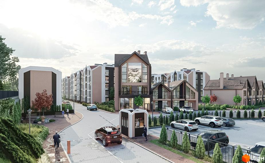 Житловий комплекс Smart Residence з будинками світлих та темних відтінків, скатними дахами, парковкою та зеленою прибудинковою територією.