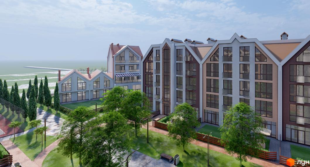 Житловий комплекс Smart Residence: кількаповерхові будинки зі скатними дахами та великими вікнами, оточені зеленими газонами, деревами, доріжками та спортивним майданчиком.