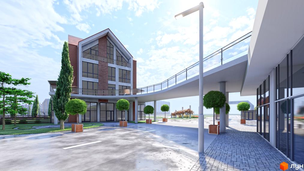 Багаторівневий будинок Житлового комплексу Smart Residence з цегляним фасадом, великими вікнами та балконами. Поруч розташований пішохідний міст зі скляними поручнями, доріжки та зелені насадження.