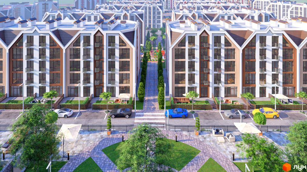 Житловий комплекс Smart Residence: багатоквартирні будинки зі скатними дахами та великими вікнами. Прибудинкова територія з парковками, зеленими зонами та алеєю.