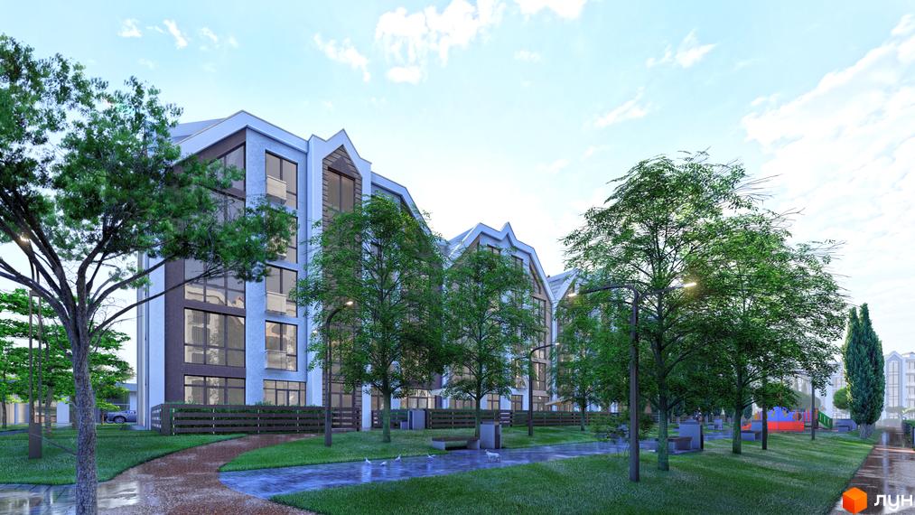 Житловий комплекс Smart Residence: багатоповерхові будинки з гострими дахами. Прилегла територія з газоном, деревами та доріжками.