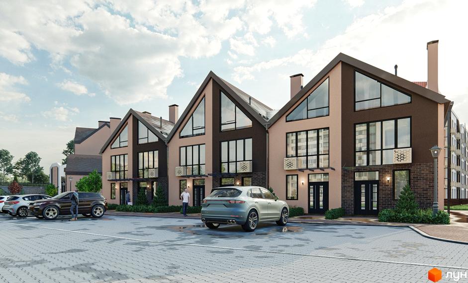 Новобудова Smart Residence: ряд двоповерхових таунхаусів з великими вікнами та комбінованими фасадами. Перед будинками розташована парковка та зелені насадження.