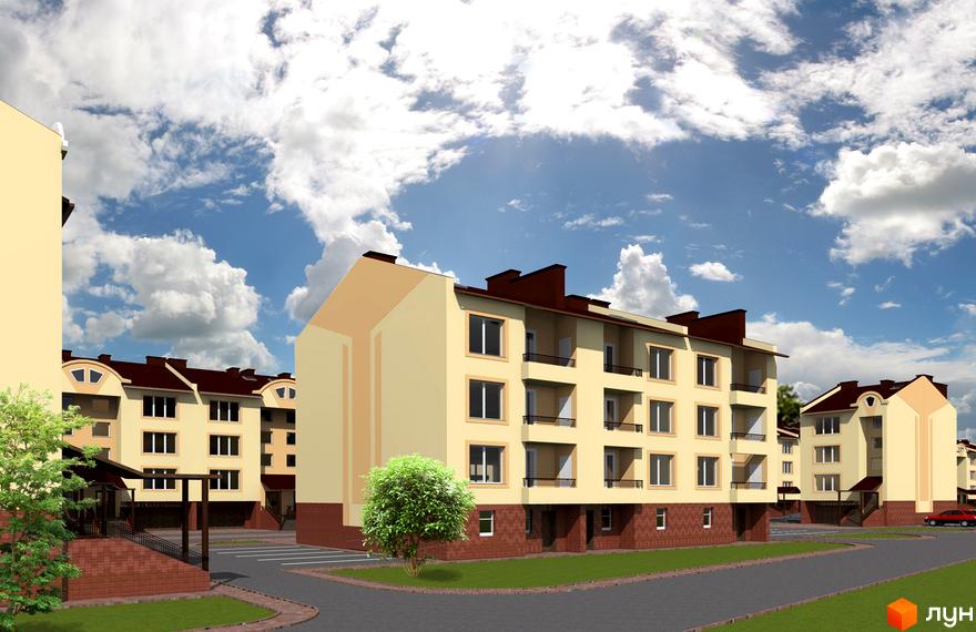 Житловий комплекс з бежевими будинками, коричневими дахами та балконами. Навколо зелені газони, дерева та асфальтовані доріжки.