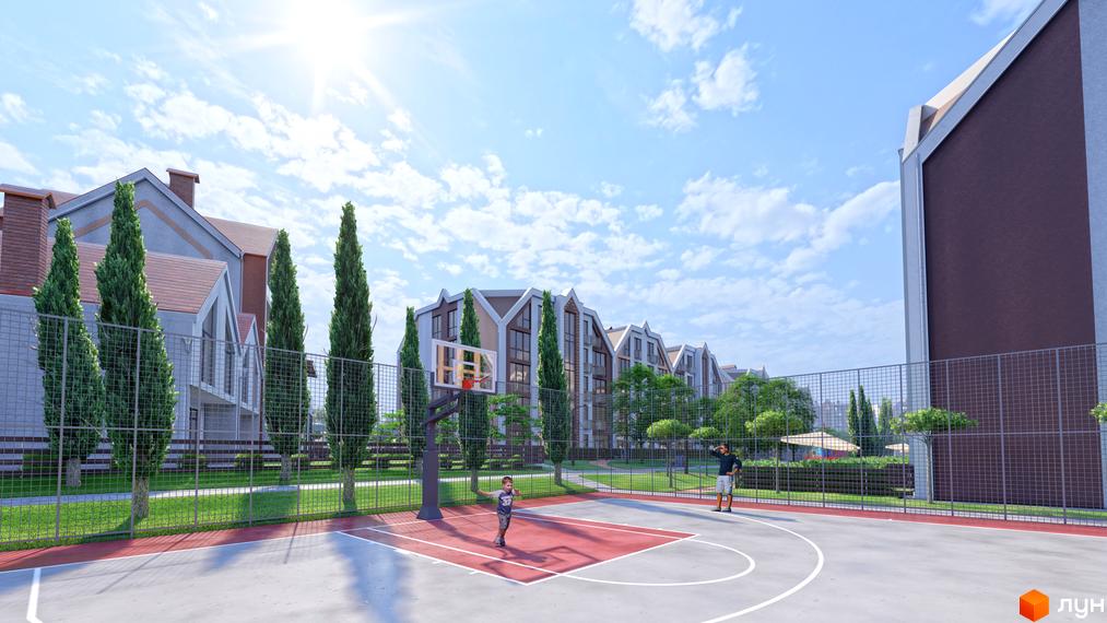 Житловий комплекс Smart Residence з будинками з гостроверхими дахами, оточений зеленими насадженнями та спортивним майданчиком.