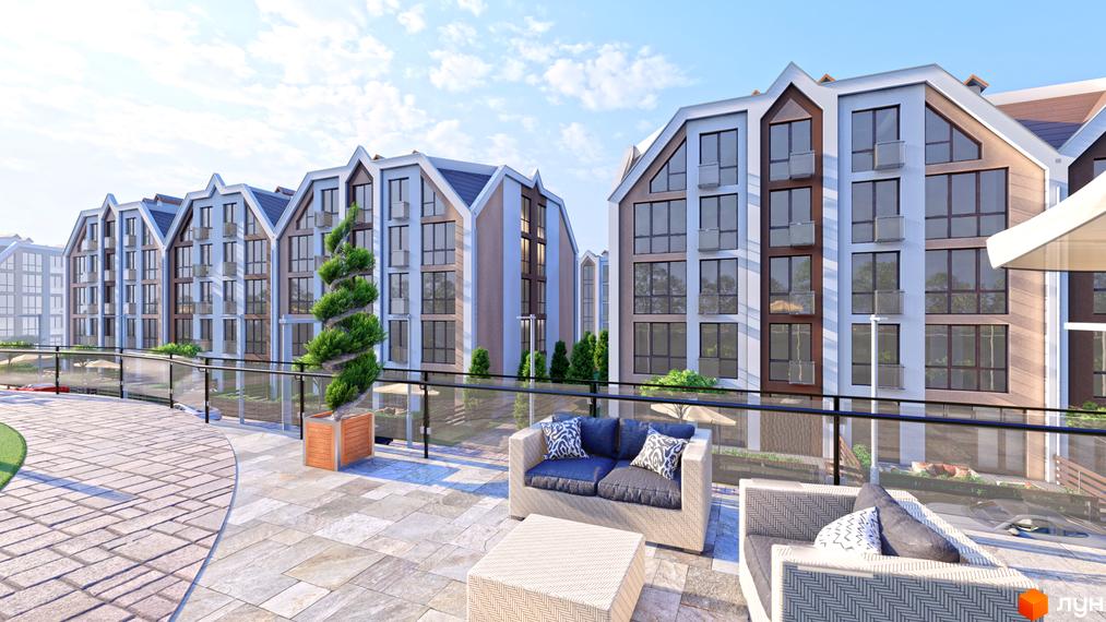 Житловий комплекс Smart Residence: багатоквартирні будинки світлих відтінків з великими вікнами. На передньому плані вимощена територія з вуличними меблями та декоративними рослинами.
