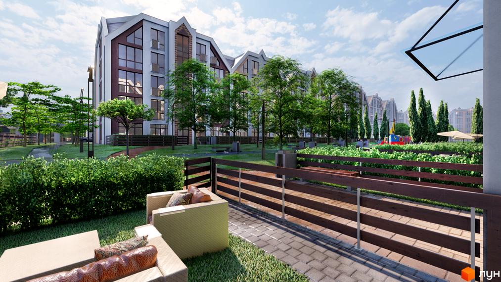 Житловий комплекс Smart Residence: будинки зі світлими фасадами та великими вікнами. Територія з деревами, дитячим майданчиком та зоною відпочинку.