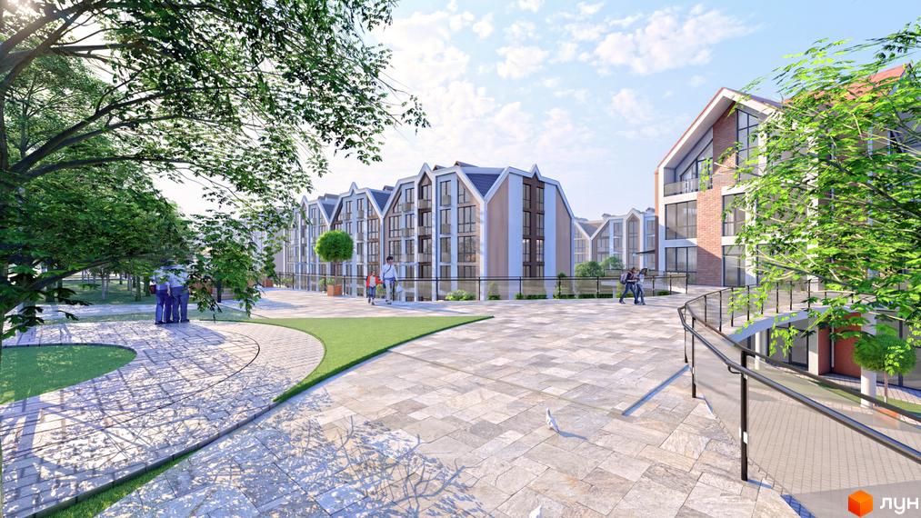 Житловий комплекс Smart Residence з будинками, що мають похилі дахи та великі вікна. Навколо облаштована територія з доріжками, зеленими газонами та деревами.