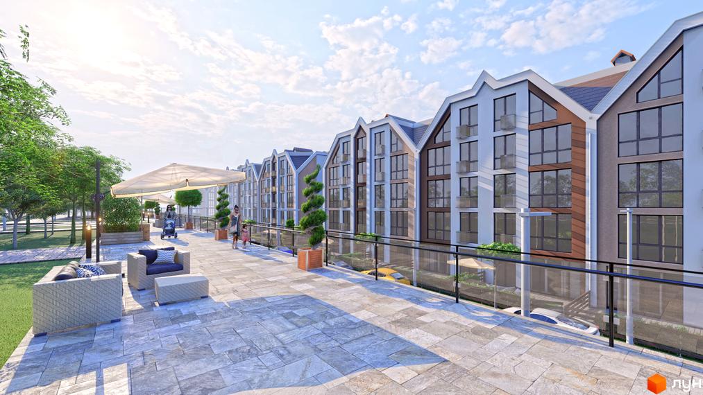 Житловий комплекс Smart Residence: багатоповерхові будинки з гострими дахами, великими вікнами та вимощеною зоною відпочинку з вуличними меблями.