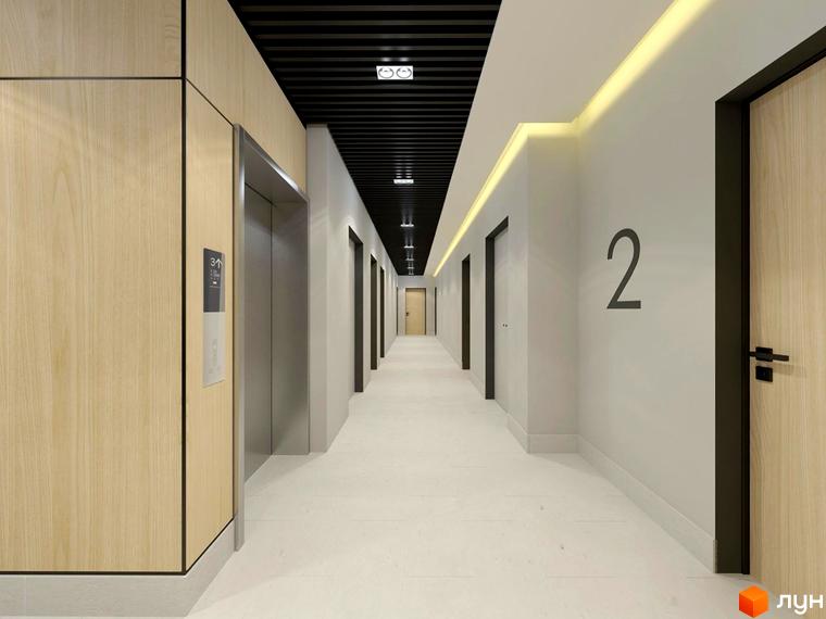 Освітлений коридор Житлового комплексу Smart Residence з ліфтом, світлою підлогою та дверима з дерев'яними панелями.