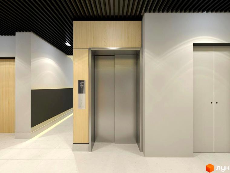 Інтер'єр ліфтового холу Житлового комплексу Smart Residence зі світлими дерев'яними панелями, білими стінами та чорною стелею.
