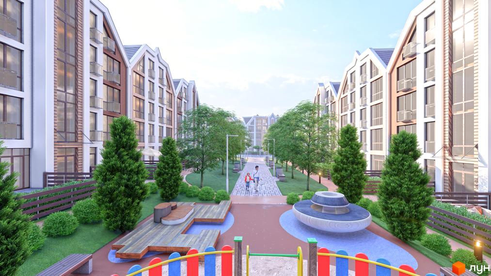 Житловий комплекс Smart Residence з багатоповерховими будинками білого кольору та скатними дахами. На території є зелені насадження, пішохідна алея та дитячий майданчик.