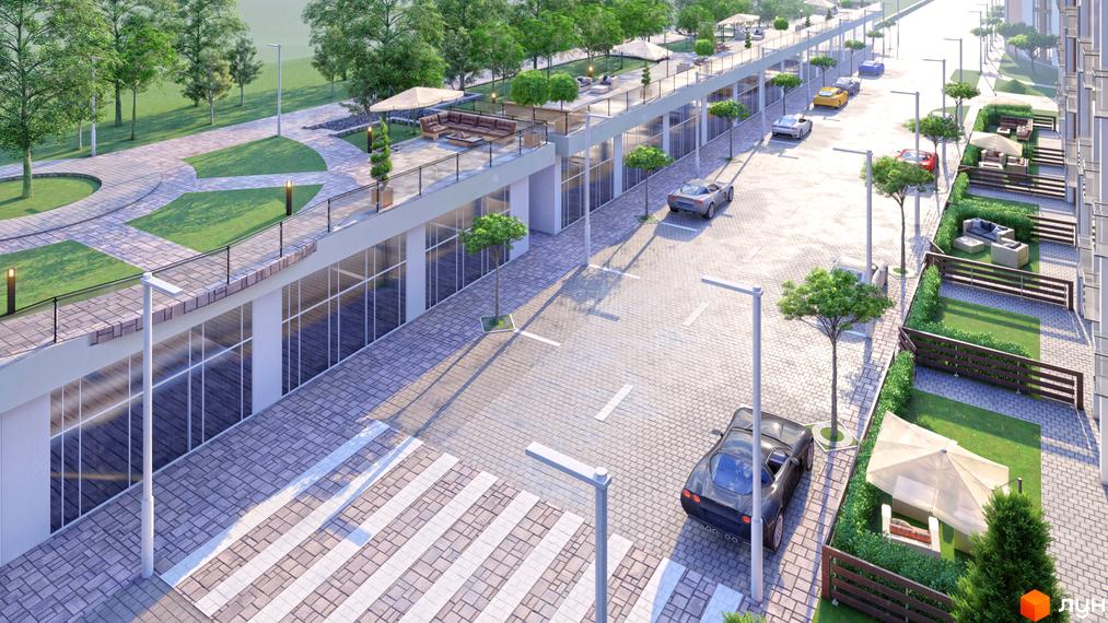 Фасади Житлового комплексу Smart Residence з великими вікнами та відкритими терасами. Прибудинкова територія облаштована зеленими насадженнями, пішохідними зонами та паркінгом.