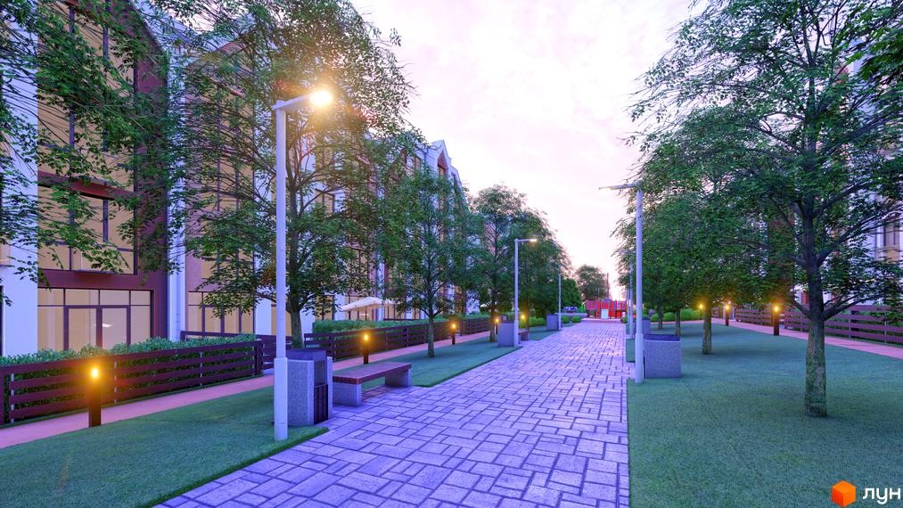 Фасад будівель Житлового комплексу Smart Residence з великими вікнами. Прибудинкова територія з доріжками, газонами, деревами та освітленням.