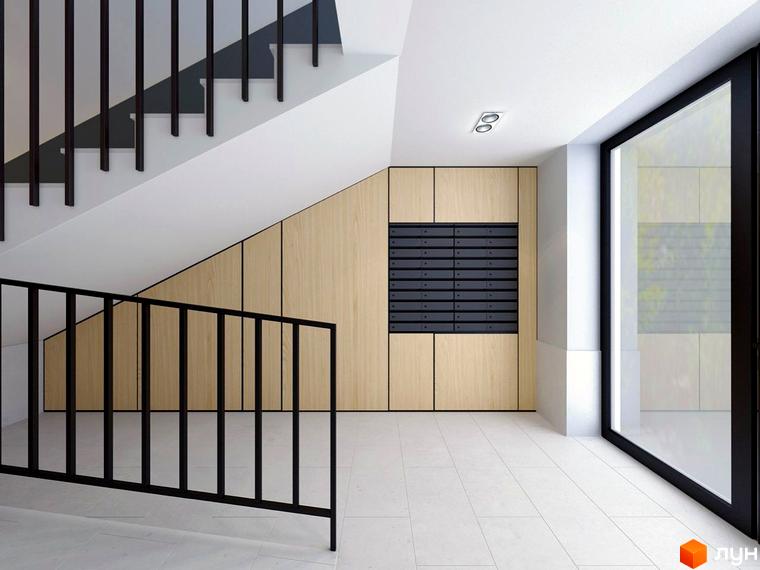 Вхідна група Житлового комплексу Smart Residence зі сходами, дерев'яними панелями та поштовими скриньками.
