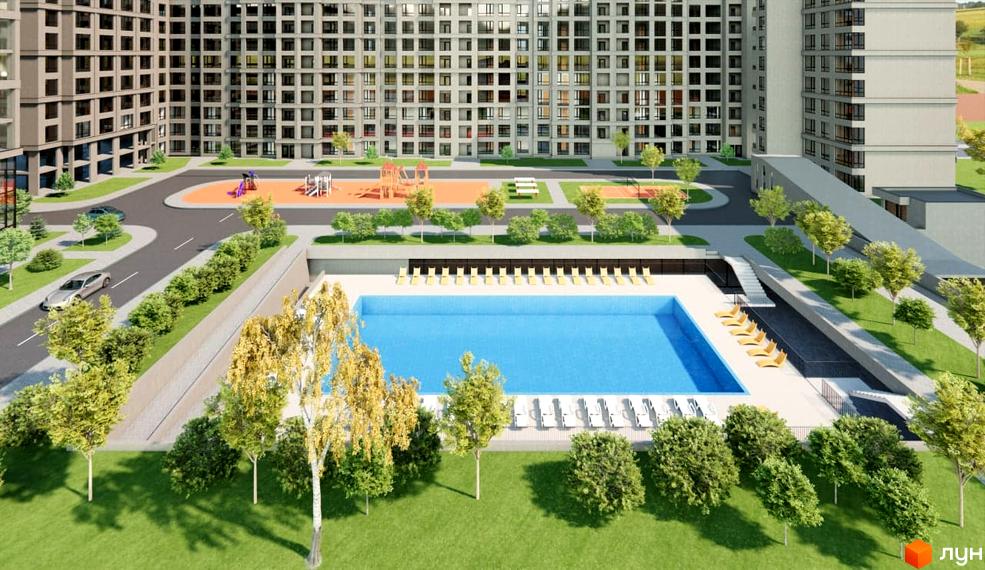 Житловий комплекс Нові Теремки з басейном та дитячим майданчиком. Сучасна архітектура та доглянута прибудинкова територія.