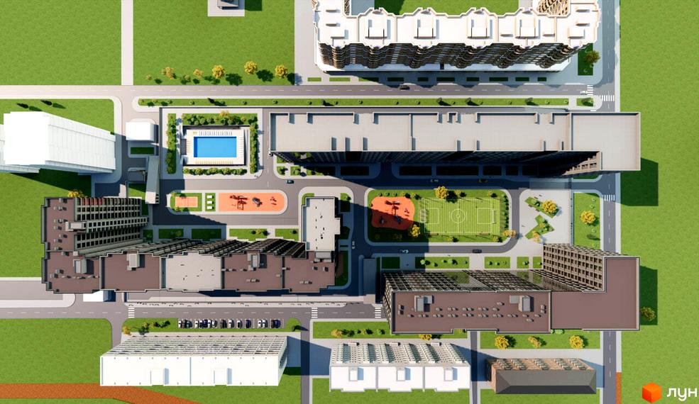 Житловий комплекс Нові Теремки з висотними будинками та розвиненою інфраструктурою. На території розташовані дитячі майданчики, спортивні поля та басейн.